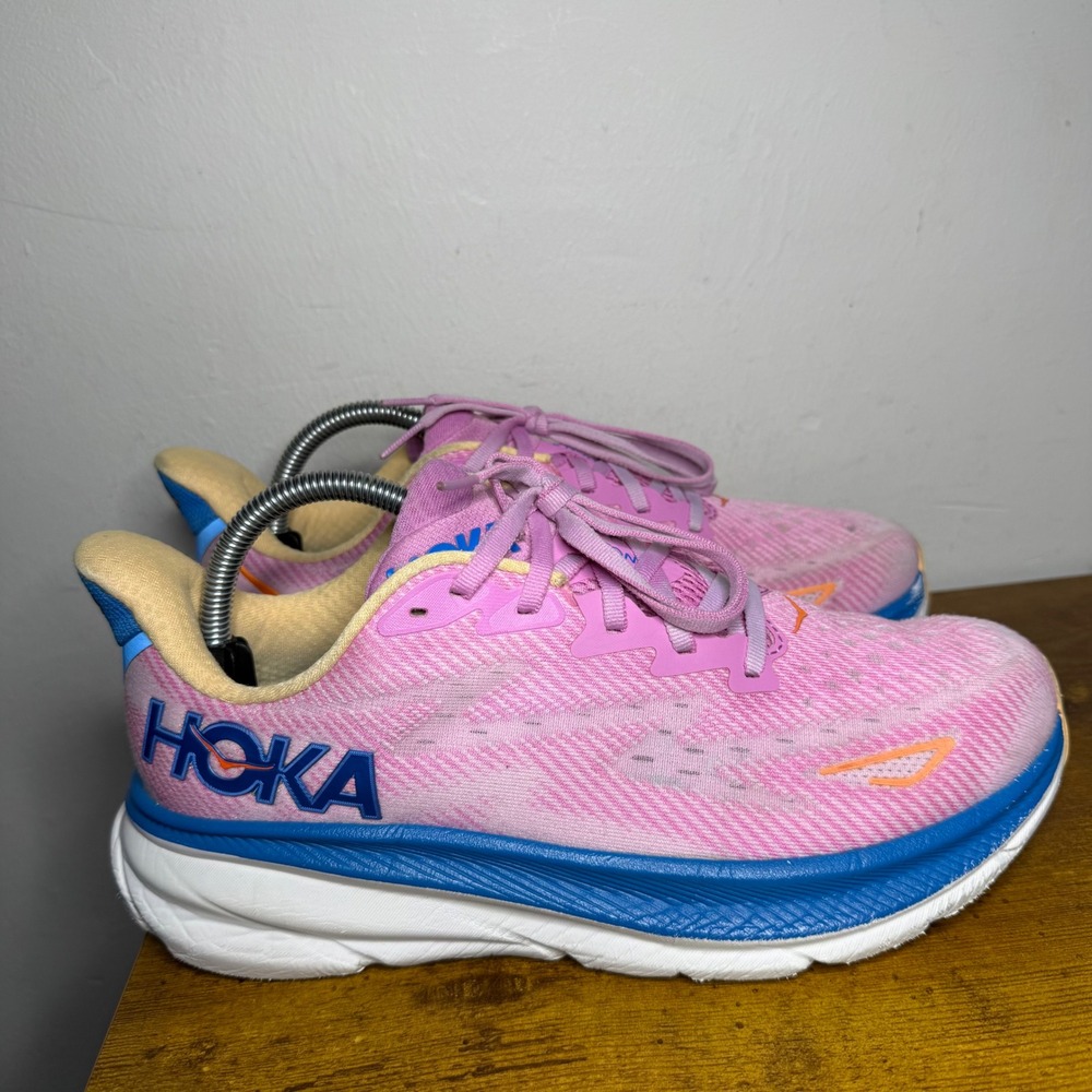Hoka Clifton 9 Running Shoes Womens Size 9.5 B Pink Blue 1127896 CSLC